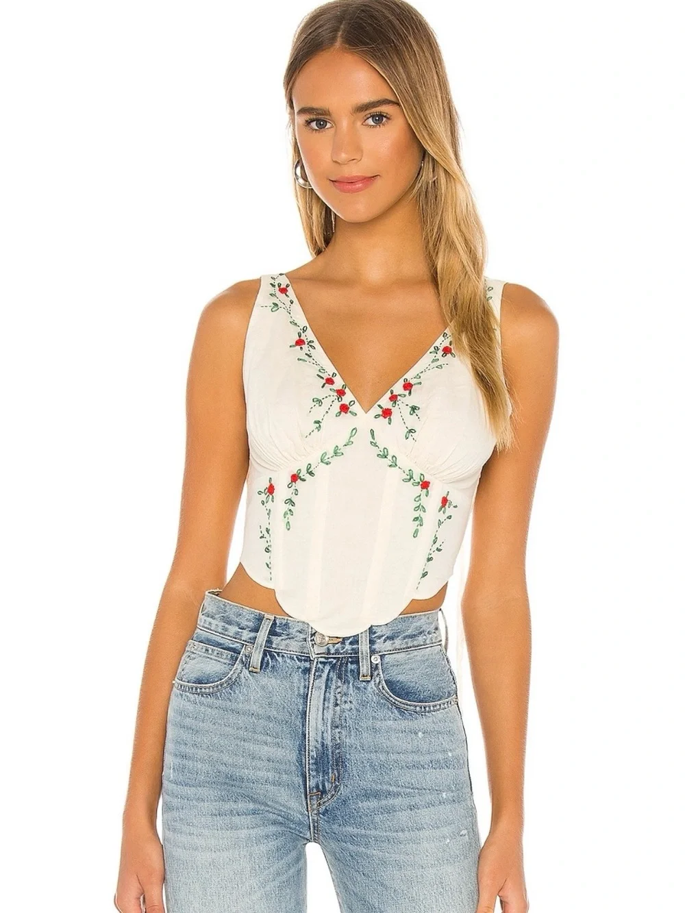 LPA White Embroidered V-Neck Corset Camisole with Red & Green Floral Detail - Picture 1 of 7